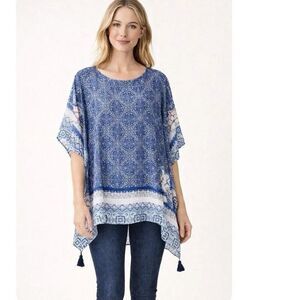 J Jill Blue Floral Tasseled Boho Poncho Top Kimono Lightweight Drapey Flowy S-L